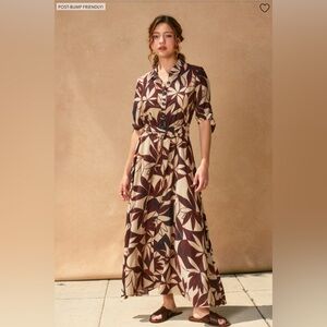 Pinkblush Brown Leaf Print Maternity Maxi Shirt Dress - Small